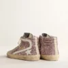 Slide in glitter lilla con stella in pelle bianca e dettagli luccicanti