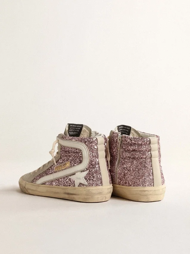 Slide in glitter lilla con stella in pelle bianca e dettagli luccicanti
