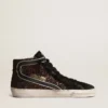 Slide in glitter marrone con stella in pelle nera e dettagli luccicanti