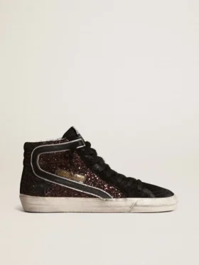 Slide in glitter marrone con stella in pelle nera e dettagli luccicanti