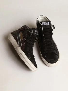 Slide in glitter marrone con stella in pelle nera e dettagli luccicanti