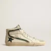 Slide in nappa beige con stella e striscia in pelle laminata verde
