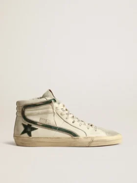 Slide in nappa beige con stella e striscia in pelle laminata verde