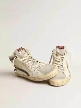 Slide in nappa beige con stella e striscia in pelle laminata verde