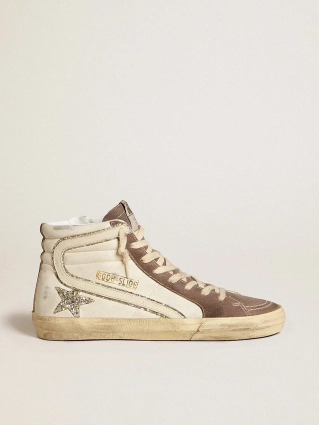 Slide in nappa con stella glitterata e inserti in vernice