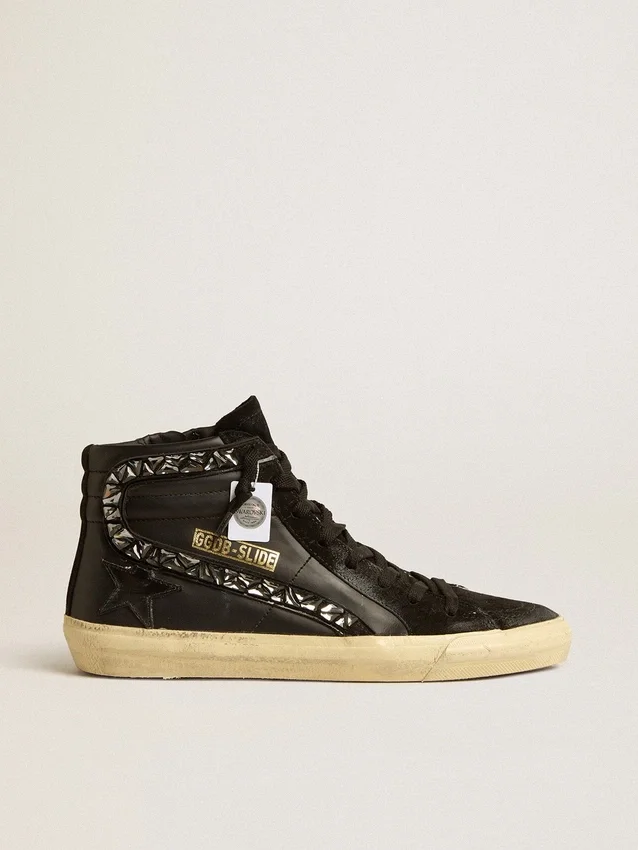 Slide in pelle con stella nera e cristalli Swarovski