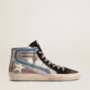 Slide in pelle metallizzata argento con stella in pelle bianca