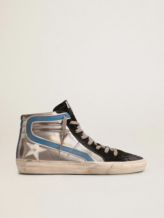 Slide in pelle metallizzata argento con stella in pelle bianca