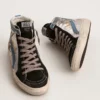 Slide in pelle metallizzata argento con stella in pelle bianca