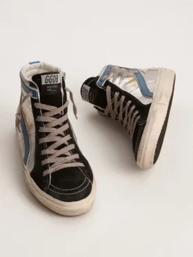 Slide in pelle metallizzata argento con stella in pelle bianca