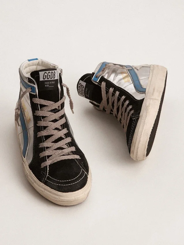 Slide in pelle metallizzata argento con stella in pelle bianca