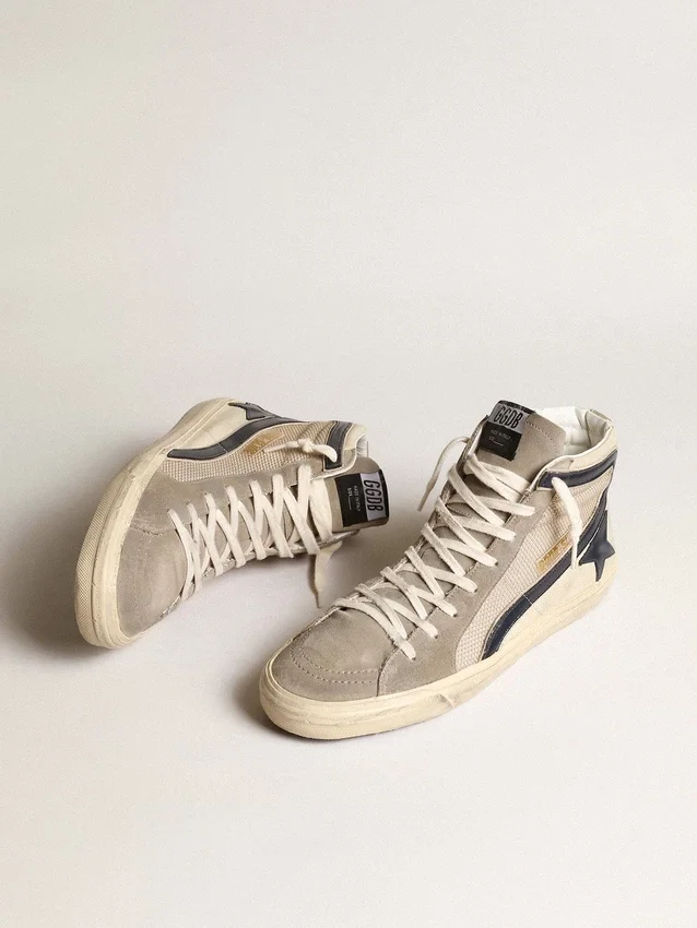 Slide in rete beige e nylon con stella in pelle blu e dettaglio luccicante