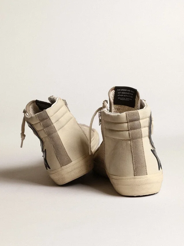 Slide in rete beige e nylon con stella in pelle blu e dettaglio luccicante