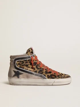 Slide LTD da donna in pelle di pony con stampa leopardata, stella in pelle metallizzata e dettagli luccicanti
