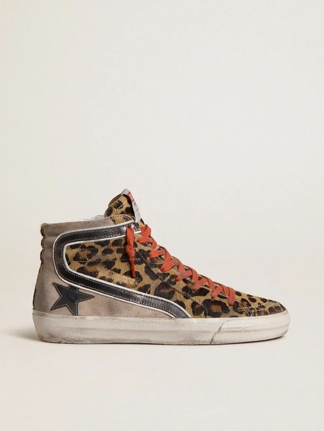 Slide LTD da donna in pelle di pony con stampa leopardata, stella in pelle metallizzata e dettagli luccicanti