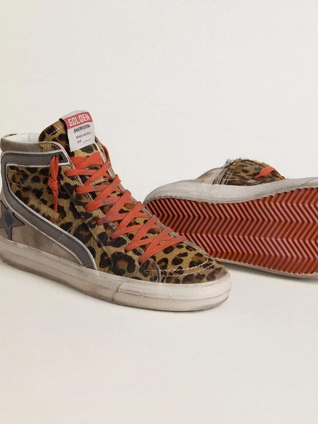 Slide LTD da donna in pelle di pony con stampa leopardata, stella in pelle metallizzata e dettagli luccicanti