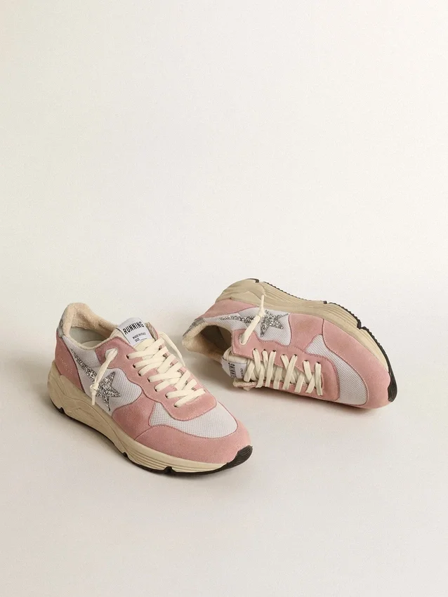 Sneaker da donna con Running Sole in mesh grigio e pelle scamosciata con stella glitterata argento