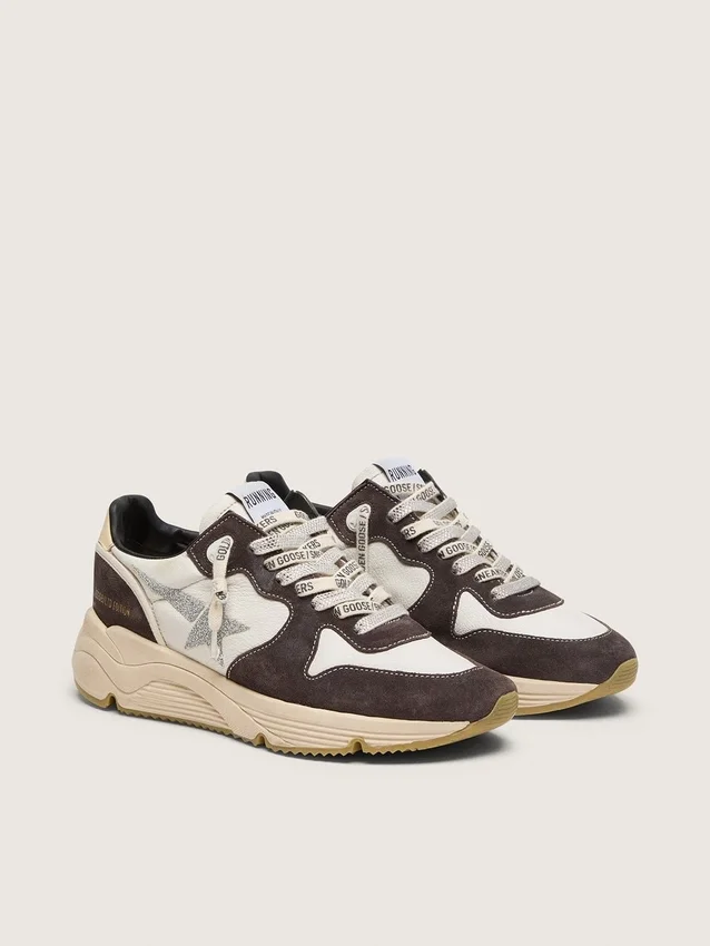 Sneaker da donna con Running Sole in nappa e pelle scamosciata marrone con stella in cristallo Swarovski