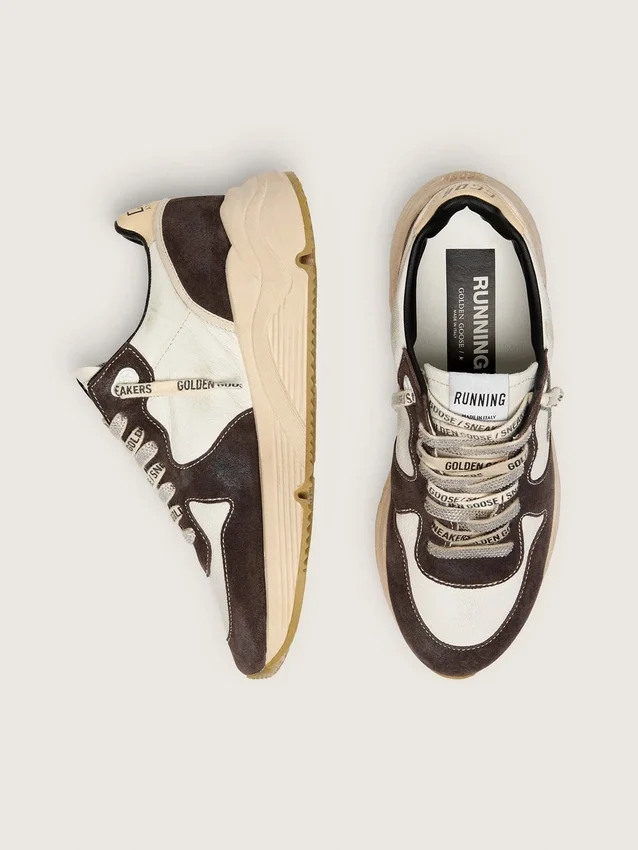 Sneaker da donna con Running Sole in nappa e pelle scamosciata marrone con stella in cristallo Swarovski