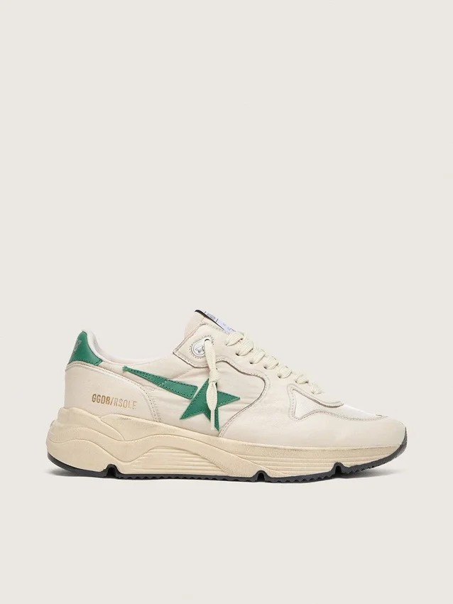Sneaker da donna con Running Sole in nylon color crema e pelle con stella in pelle verde