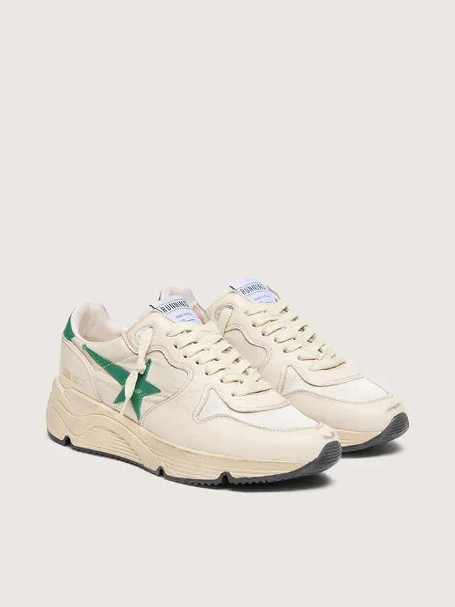 Sneaker da donna con Running Sole in nylon color crema e pelle con stella in pelle verde