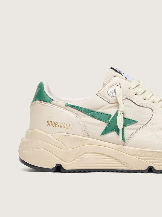 Sneaker da donna con Running Sole in nylon color crema e pelle con stella in pelle verde