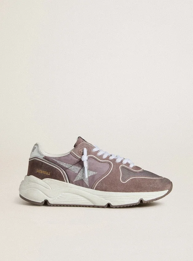 Sneaker da donna con Running Sole in nylon e pelle scamosciata color lavanda, con stella stampata e linguetta sul tallone in pelle argentata