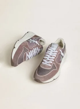 Sneaker da donna con Running Sole in nylon e pelle scamosciata color lavanda, con stella stampata e linguetta sul tallone in pelle argentata