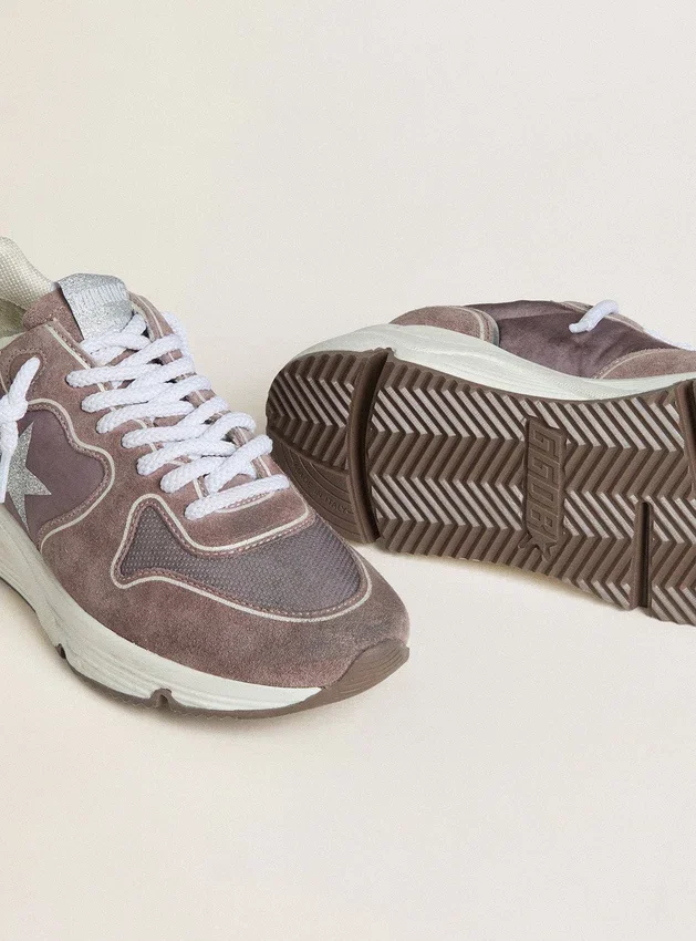 Sneaker da donna con Running Sole in nylon e pelle scamosciata color lavanda, con stella stampata e linguetta sul tallone in pelle argentata