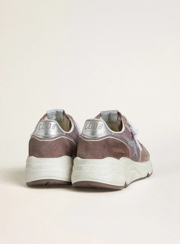 Sneaker da donna con Running Sole in nylon e pelle scamosciata color lavanda, con stella stampata e linguetta sul tallone in pelle argentata