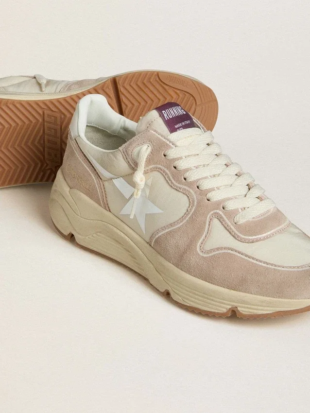 Sneaker da donna con Running Sole in nylon e pelle scamosciata, con stella stampata argento e linguetta in pelle sul tallone