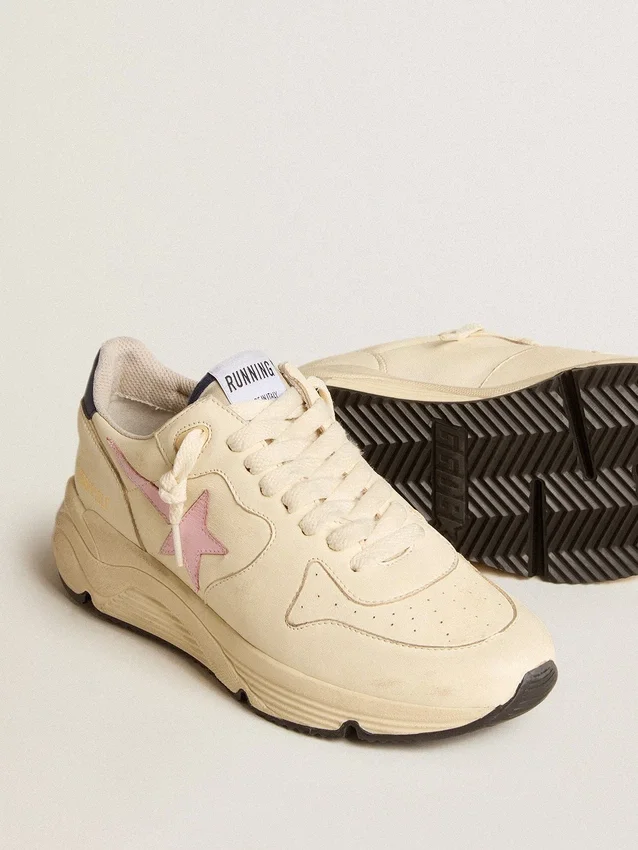 Sneaker da donna con Running Sole in pelle nappa, con stella in pelle rosa e linguetta sul tallone in pelle blu