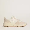 Sneaker da donna con Running Sole in tela, stella beige e linguetta sul tallone in pelle metallizzata platino