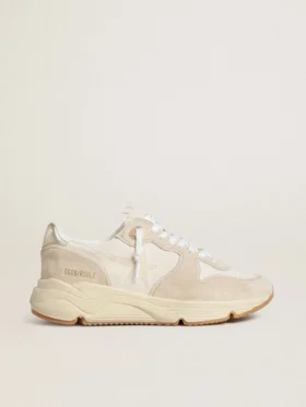 Sneaker da donna con Running Sole in tela, stella beige e linguetta sul tallone in pelle metallizzata platino