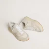 Sneaker da donna con Running Sole in tela, stella beige e linguetta sul tallone in pelle metallizzata platino