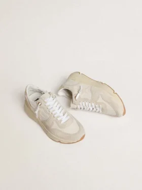 Sneaker da donna con Running Sole in tela, stella beige e linguetta sul tallone in pelle metallizzata platino