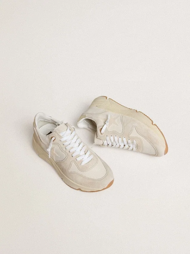 Sneaker da donna con Running Sole in tela, stella beige e linguetta sul tallone in pelle metallizzata platino