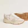 Sneaker da donna con Running Sole in tela, stella beige e linguetta sul tallone in pelle metallizzata platino