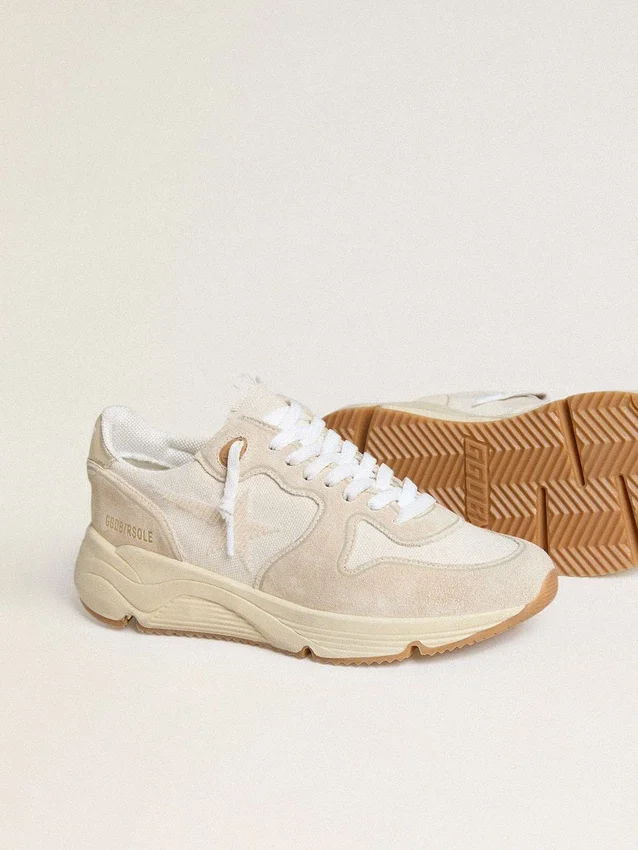 Sneaker da donna con Running Sole in tela, stella beige e linguetta sul tallone in pelle metallizzata platino