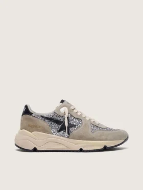 Sneaker da donna Running Sole in glitter argento e pelle scamosciata grigio tortora