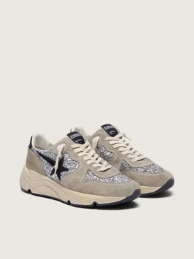 Sneaker da donna Running Sole in glitter argento e pelle scamosciata grigio tortora