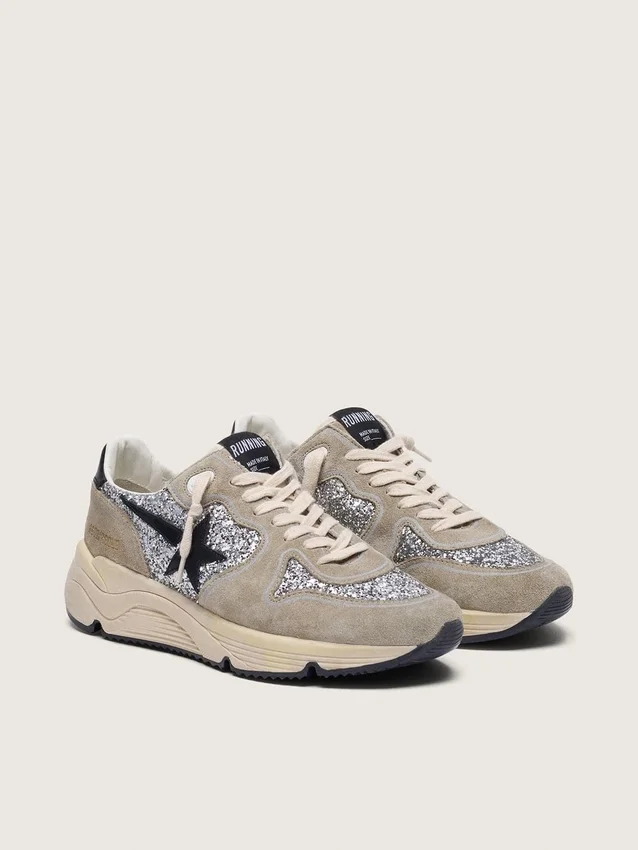 Sneaker da donna Running Sole in glitter argento e pelle scamosciata grigio tortora
