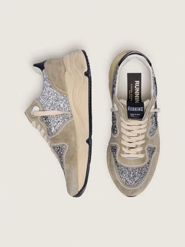 Sneaker da donna Running Sole in glitter argento e pelle scamosciata grigio tortora