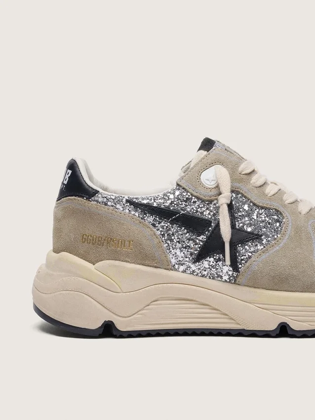 Sneaker da donna Running Sole in glitter argento e pelle scamosciata grigio tortora