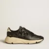 Sneaker da donna Running Sole in glitter nero con stella in pelle e linguetta sul tallone in nabuk