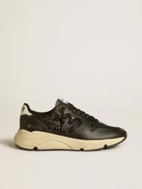 Sneaker da donna Running Sole in glitter nero con stella in pelle e linguetta sul tallone in nabuk