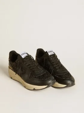 Sneaker da donna Running Sole in glitter nero con stella in pelle e linguetta sul tallone in nabuk
