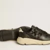 Sneaker da donna Running Sole in glitter nero con stella in pelle e linguetta sul tallone in nabuk