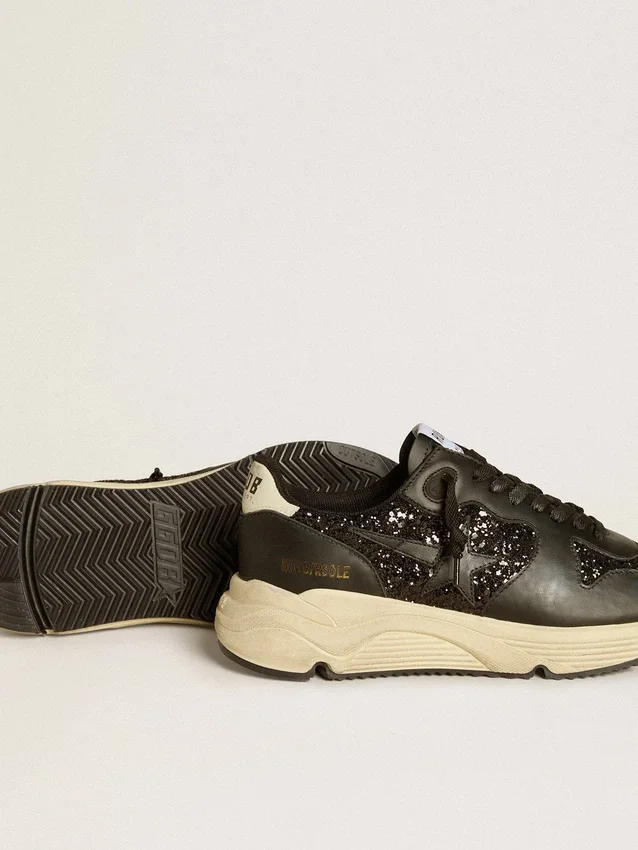 Sneaker da donna Running Sole in glitter nero con stella in pelle e linguetta sul tallone in nabuk