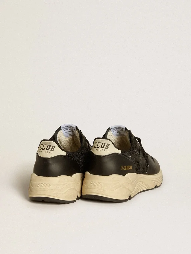 Sneaker da donna Running Sole in glitter nero con stella in pelle e linguetta sul tallone in nabuk